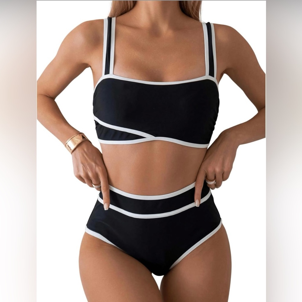 Verdusa Women's Colorblock High Waisted Bikini Contrast Binding Black and White
